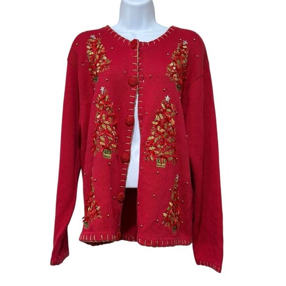 Victoria Harbour Red Christmas Cardigan Sweater Embroidered Trees Beaded Size M - Picture 1 of 6